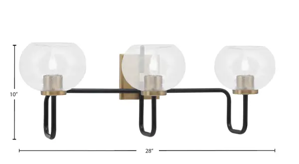 The Sandia 3-Light Bath Bar combines striking matte black and brass finishes with unique bubble glass shades for a contemporary look. Perfect for modern bathrooms seeking both style and function with its dimmable lighting. - alternate view