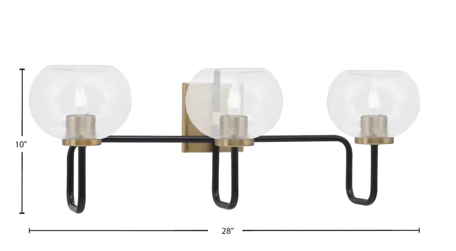 Sandia 3-Light Bath Bar in Matte Black & New Age Brass with Clear Bubble Glass - Image 2