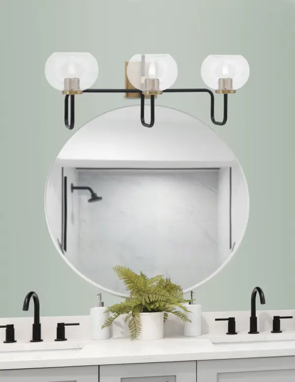Sandia 3-Light Bath Bar in Matte Black & New Age Brass with Clear Bubble Glass - Image 3
