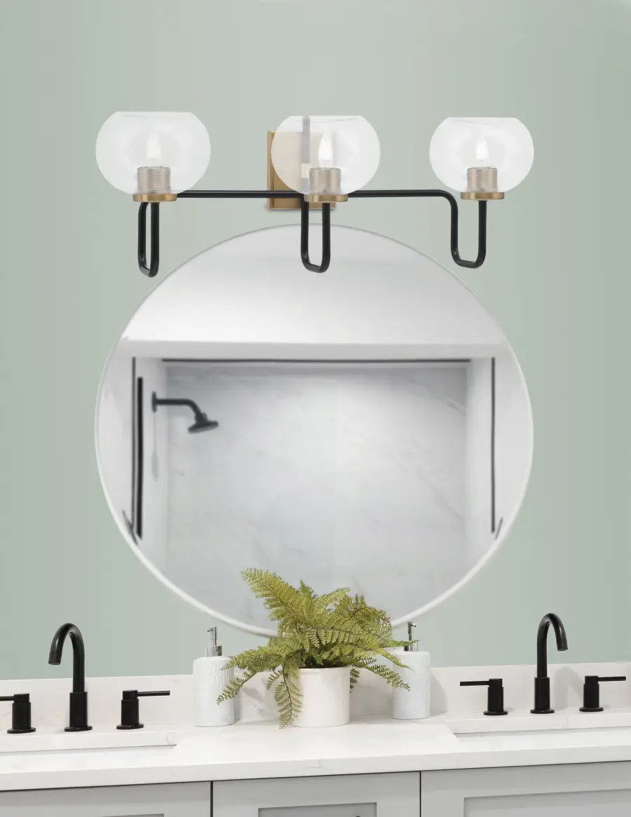 Sandia 3-Light Bath Bar in Matte Black & New Age Brass with Clear Bubble Glass - Image 3