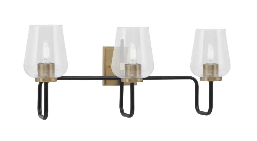 Sandia 3-Light Bath Bar in Matte Black & New Age Brass with Clear Bubble Glass - Image 1
