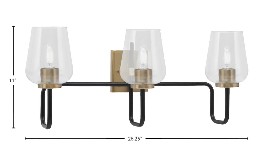 Sandia 3-Light Bath Bar in Matte Black & New Age Brass with Clear Bubble Glass - Image 2
