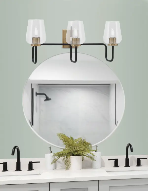 Sandia 3-Light Bath Bar in Matte Black & New Age Brass with Clear Bubble Glass - Image 3
