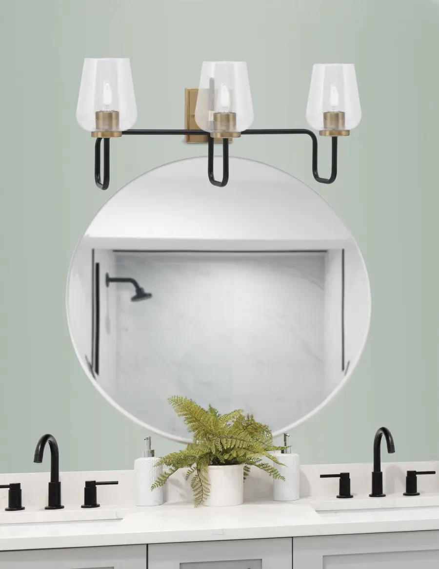 Sandia 3-Light Bath Bar in Matte Black & New Age Brass with Clear Bubble Glass - Image 3