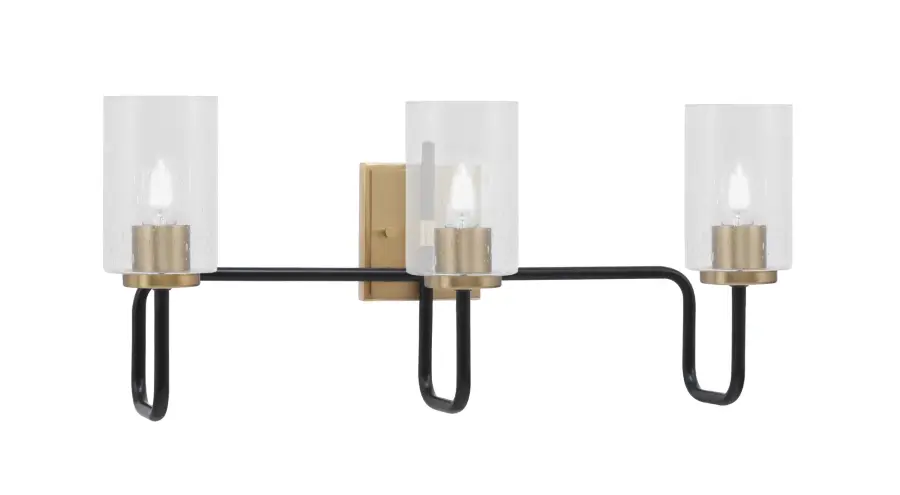 Sandia 3-Light Bath Bar in Matte Black & New Age Brass with Clear Bubble Glass - Image 1