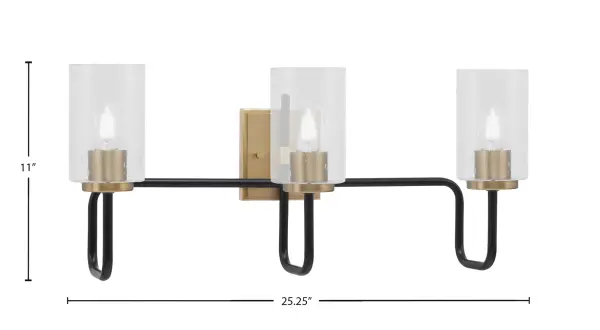 The Sandia 3-Light Bath Bar combines striking Matte Black and New Age Brass finishes with unique bubble glass shades. Perfect for contemporary bathrooms, it provides excellent illumination while serving as a statement piece. - alternate view