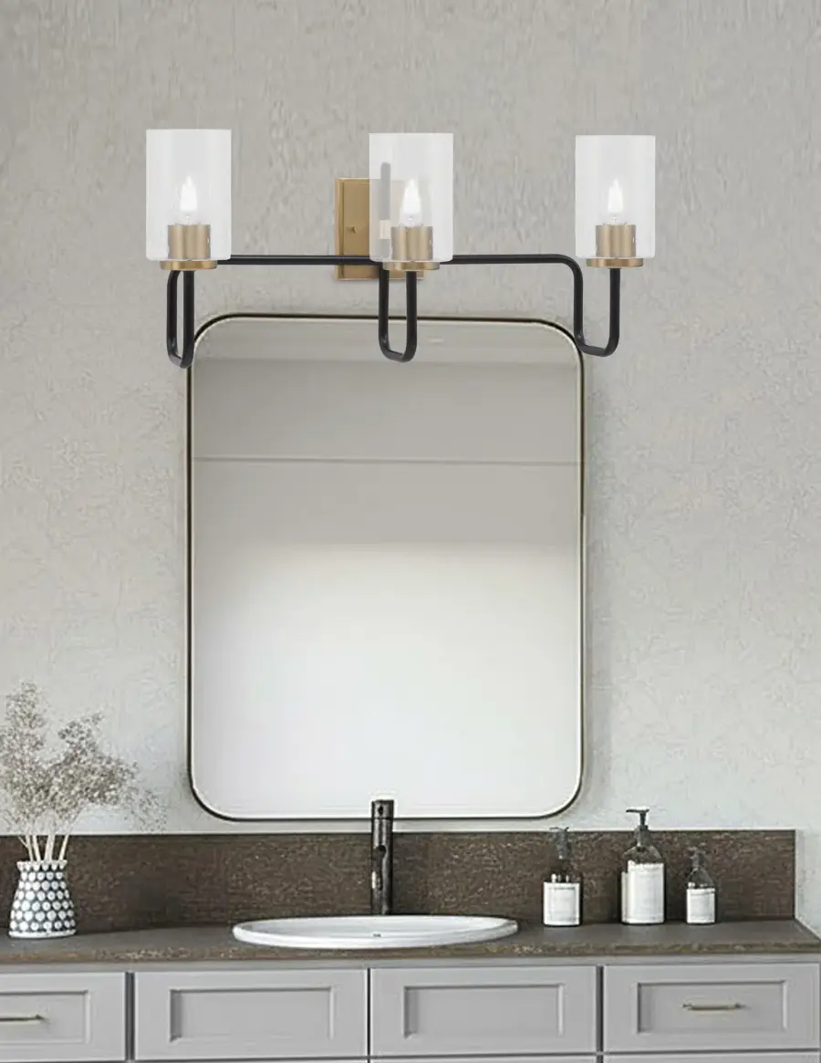 Sandia 3-Light Bath Bar in Matte Black & New Age Brass with Clear Bubble Glass - Image 3