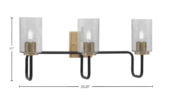 The Sandia 3-Light Bath Bar combines bold Matte Black and New Age Brass finishes with unique Smoke Bubble Glass shades. Perfect for modern and transitional bathrooms, it creates a soft, warm glow while adding sophisticated style. - alternate view