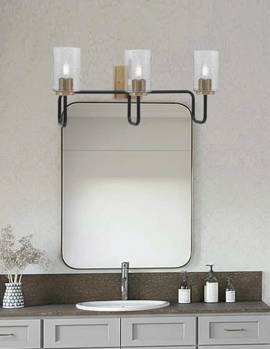 Sandia 3-Light Bath Bar in Matte Black & New Age Brass with Smoke Bubble Glass - Image 3