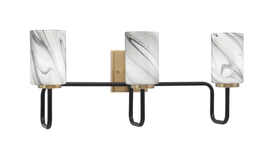 Sandia 3-Light Bath Bar in Matte Black & New Age Brass with Onyx Swirl Glass - Image 1