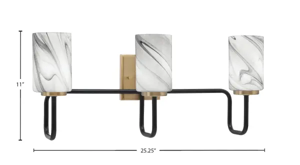 The Sandia 3-Light Bath Bar combines striking Matte Black and New Age Brass finishes with unique Onyx Swirl Glass shades. This contemporary fixture provides excellent illumination while adding sophisticated contrast and visual interest to any bathroom. - alternate view