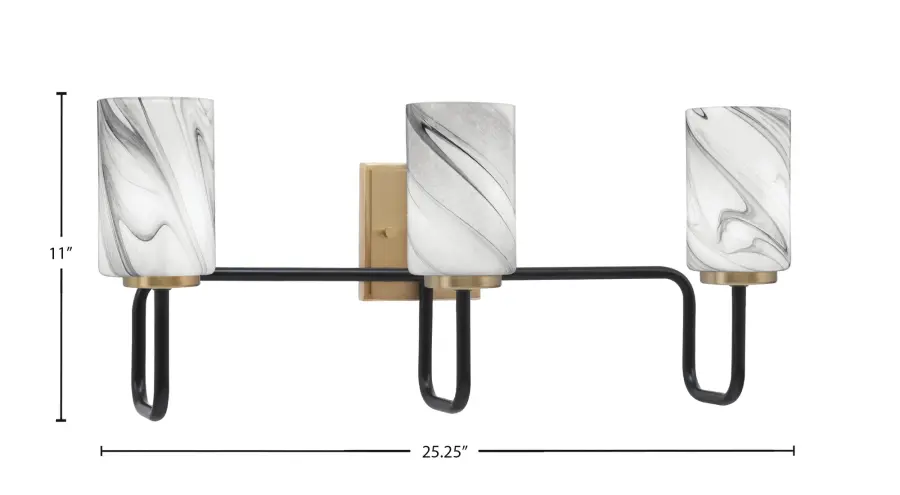 Sandia 3-Light Bath Bar in Matte Black & New Age Brass with Onyx Swirl Glass - Image 2