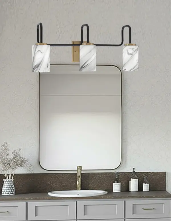 Sandia 3-Light Bath Bar in Matte Black & New Age Brass with Onyx Swirl Glass - Image 3