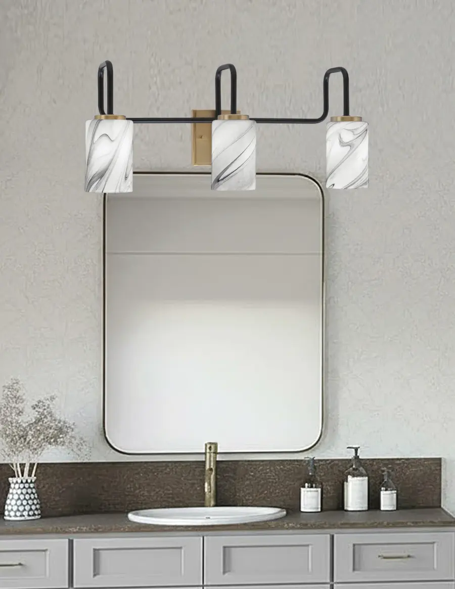 Sandia 3-Light Bath Bar in Matte Black & New Age Brass with Onyx Swirl Glass - Image 3