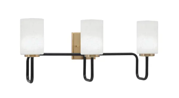 The Sandia 3-Light Bath Bar combines bold matte black with warm new age brass accents for a striking contemporary look. White muslin glass shades provide soft, flattering illumination perfect for bathroom vanities.