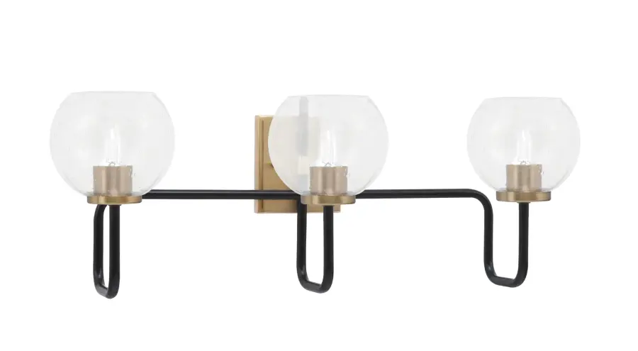 Sandia 3-Light Bath Bar in Matte Black & New Age Brass with Clear Bubble Glass - Image 1
