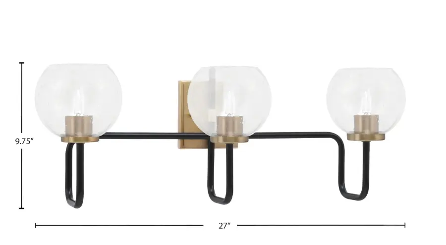 Sandia 3-Light Bath Bar in Matte Black & New Age Brass with Clear Bubble Glass - Image 2