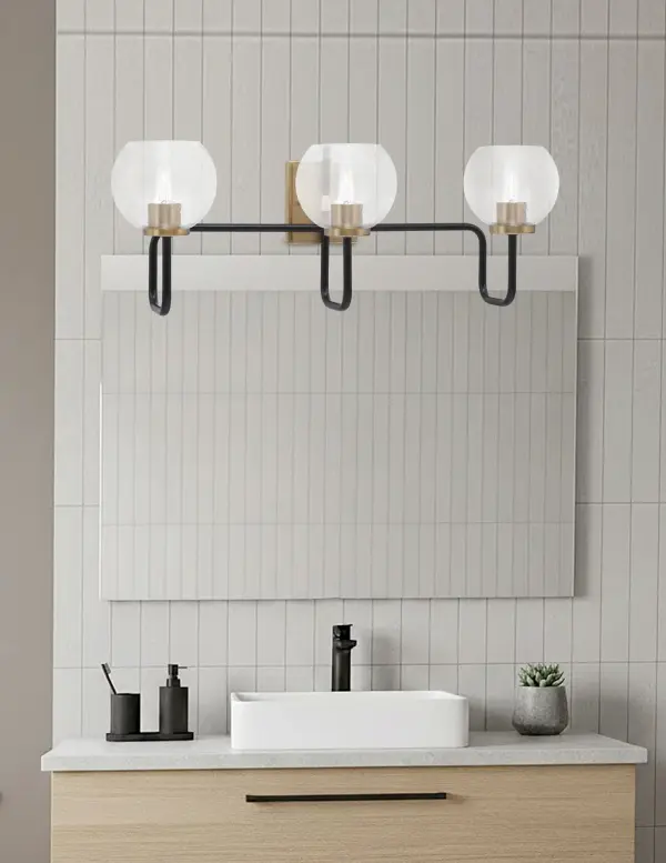 Sandia 3-Light Bath Bar in Matte Black & New Age Brass with Clear Bubble Glass - Image 3