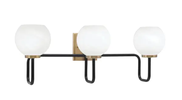 The Sandia 3-Light Bath Bar combines bold matte black with warm new age brass for a striking contemporary look. White marble glass shades soften the light while adding sophistication to any bathroom space.