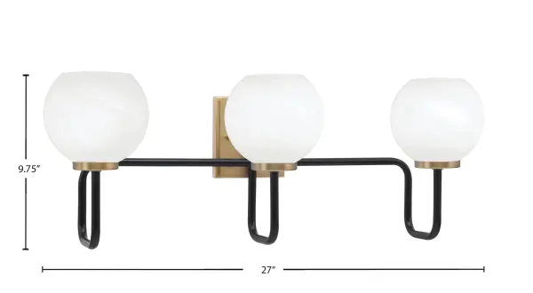 The Sandia 3-Light Bath Bar combines bold matte black with warm new age brass for a striking contemporary look. White marble glass shades soften the light while adding sophistication to any bathroom space. - alternate view