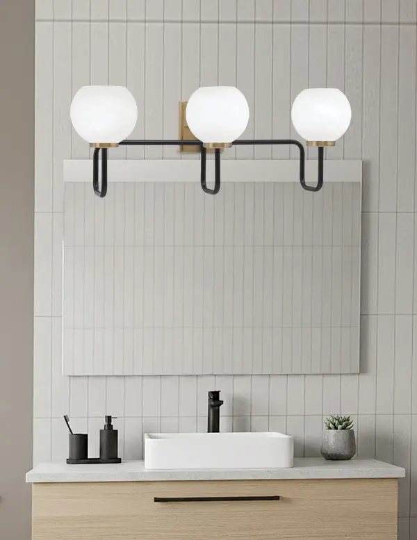 Sandia 3-Light Bath Bar in Matte Black & New Age Brass with White Marble Glass - Image 3