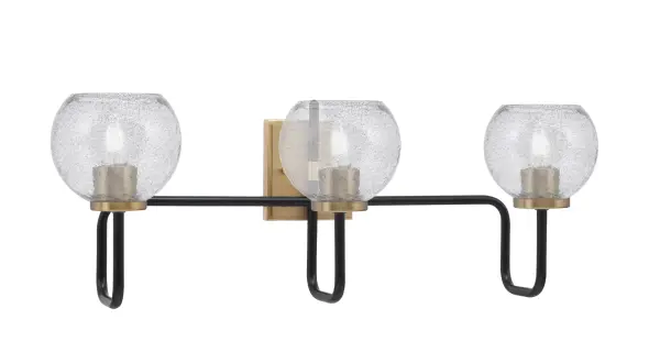 The Sandia 3-Light Bath Bar combines bold Matte Black and New Age Brass finishes with unique Smoke Bubble Glass shades. Perfect for contemporary and transitional bathrooms, it creates warm, refracted light with modern elegance.