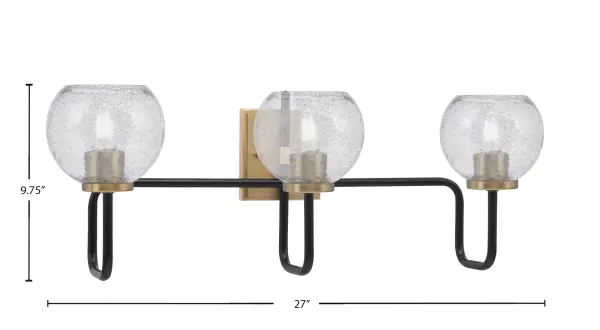 The Sandia 3-Light Bath Bar combines bold Matte Black and New Age Brass finishes with unique Smoke Bubble Glass shades. Perfect for contemporary and transitional bathrooms, it creates warm, refracted light with modern elegance. - alternate view