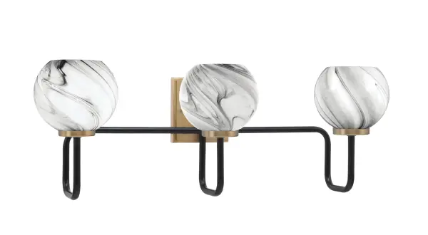 The Sandia 3-Light Bath Bar combines modern sophistication with transitional versatility. Its striking matte black and brass finish creates visual interest, while the onyx swirl glass shades diffuse light beautifully for a warm, inviting bathroom ambiance.