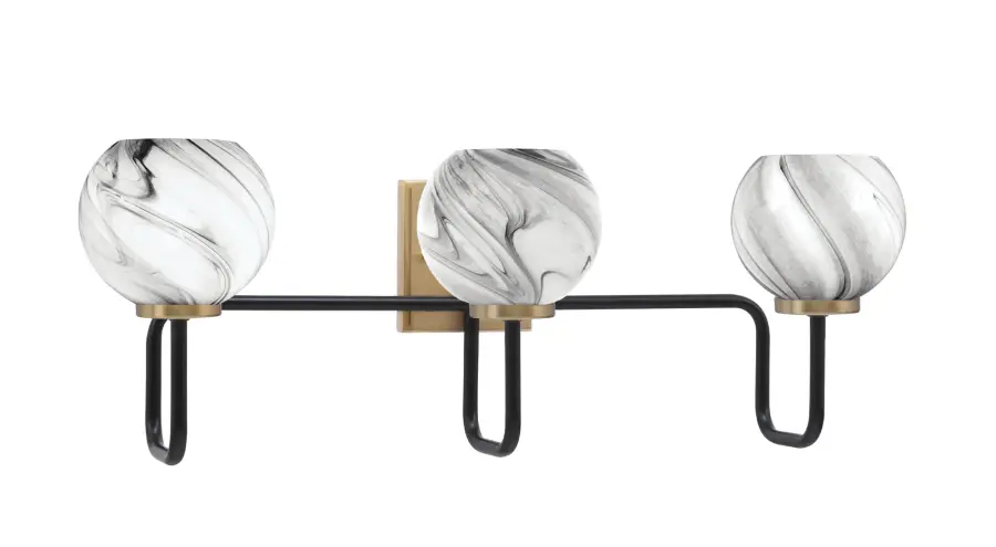 Sandia 3-Light Bath Bar in Matte Black & New Age Brass with Onyx Swirl Glass - Image 1