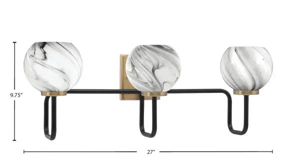 The Sandia 3-Light Bath Bar combines modern sophistication with transitional versatility. Its striking matte black and brass finish creates visual interest, while the onyx swirl glass shades diffuse light beautifully for a warm, inviting bathroom ambiance. - alternate view