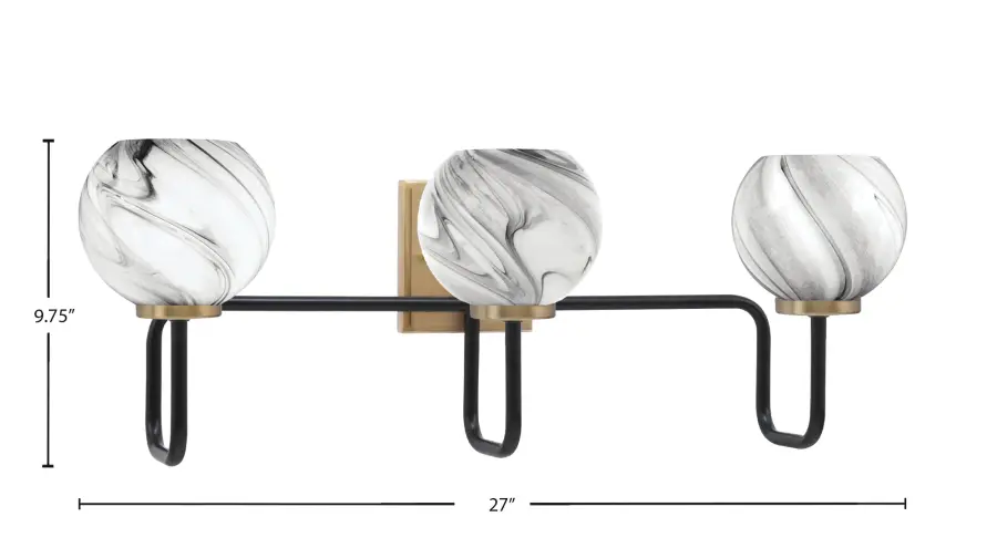 Sandia 3-Light Bath Bar in Matte Black & New Age Brass with Onyx Swirl Glass - Image 2