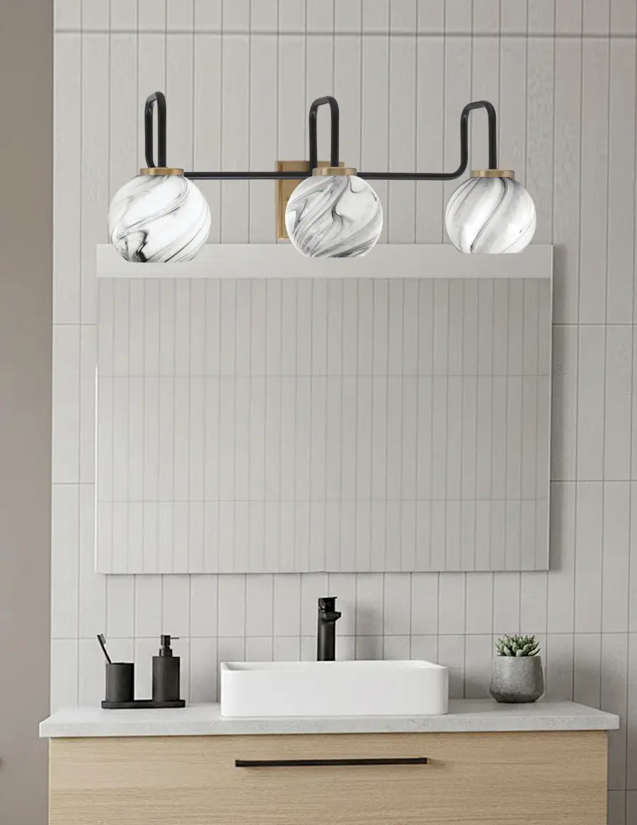 Sandia 3-Light Bath Bar in Matte Black & New Age Brass with Onyx Swirl Glass - Image 3