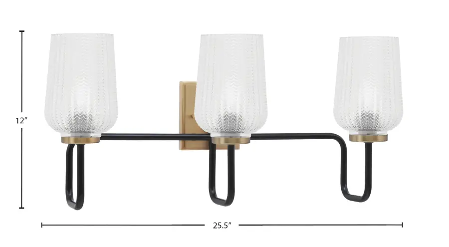 Sandia 3-Light Bath Bar in Matte Black & New Age Brass with Clear Textured Glass - Image 2