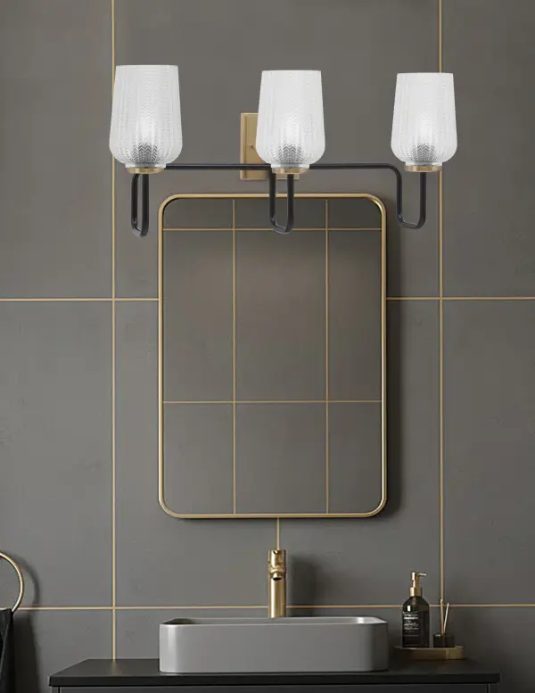Sandia 3-Light Bath Bar in Matte Black & New Age Brass with Clear Textured Glass - Image 3