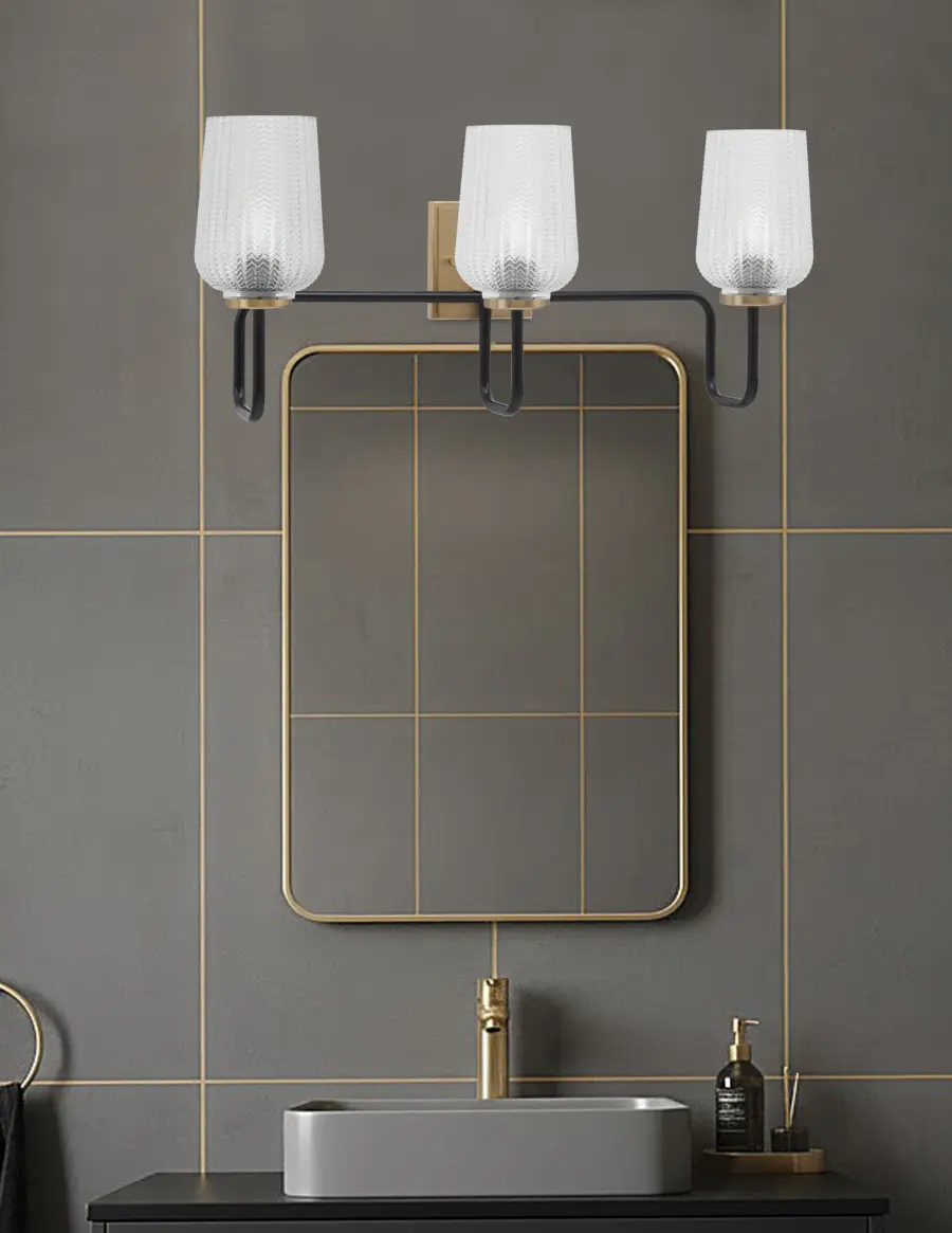Sandia 3-Light Bath Bar in Matte Black & New Age Brass with Clear Textured Glass - Image 3