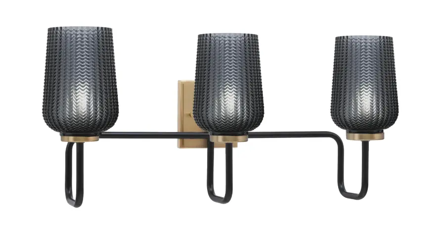 Sandia 3-Light Bath Bar in Matte Black & New Age Brass with Smoke Glass - Image 1
