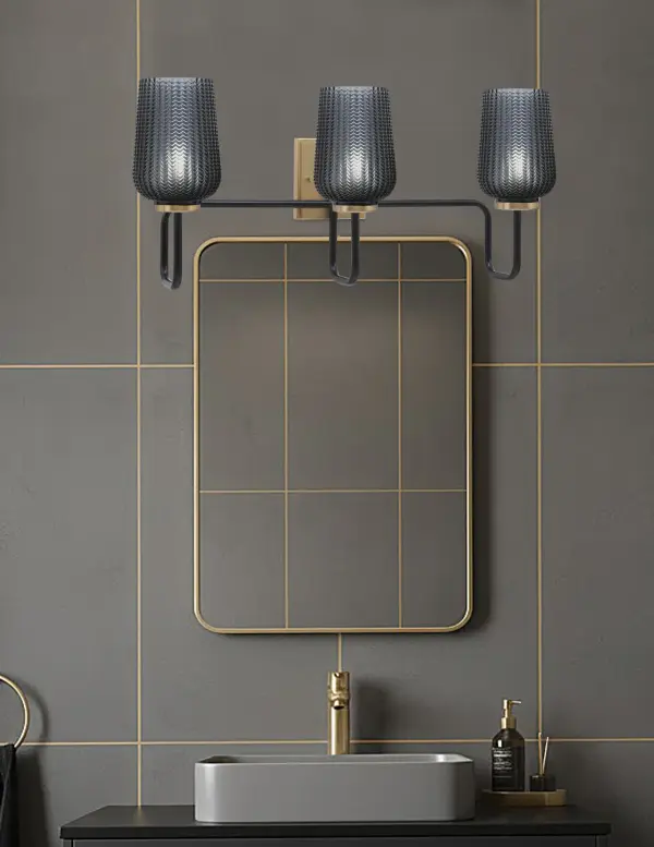 Sandia 3-Light Bath Bar in Matte Black & New Age Brass with Smoke Glass - Image 3