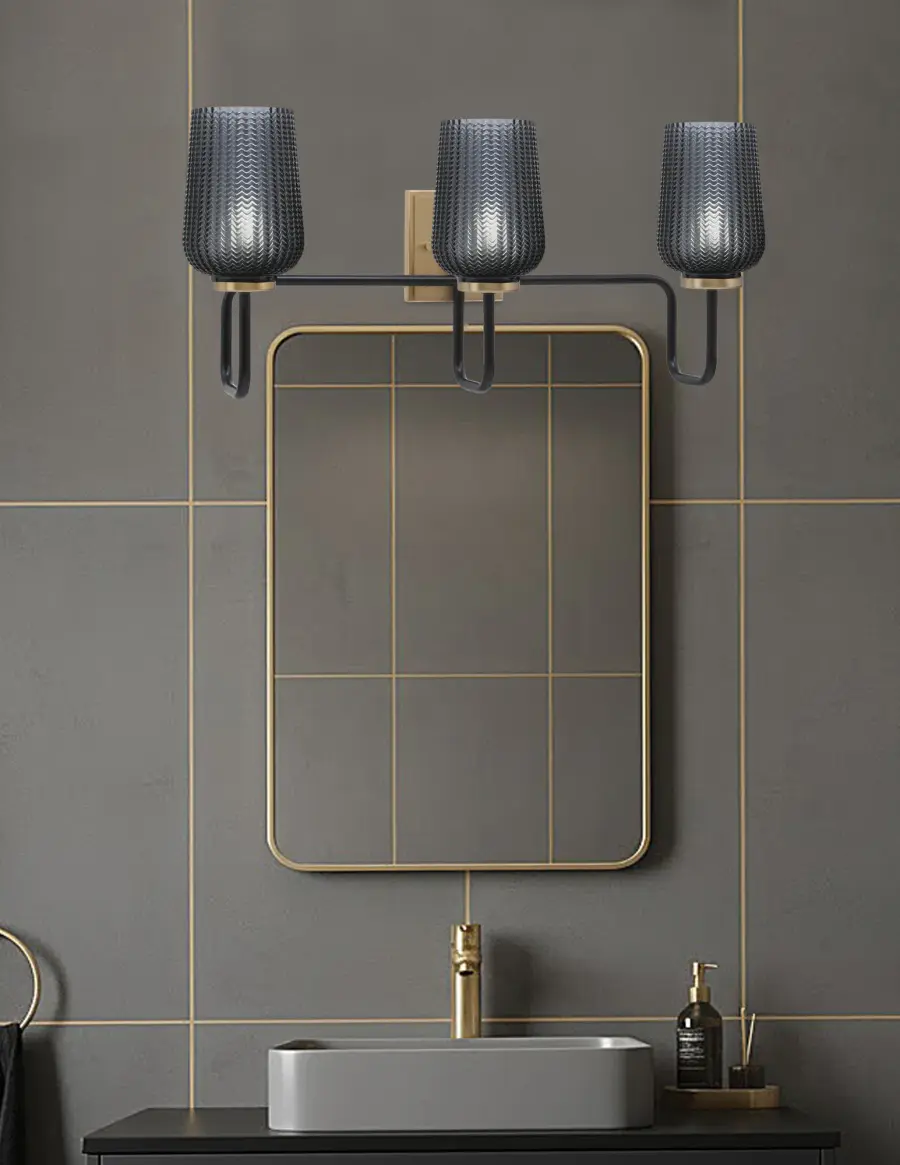 Sandia 3-Light Bath Bar in Matte Black & New Age Brass with Smoke Glass - Image 3