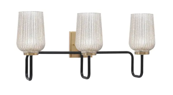 The Sandia 3 Light Bath Bar combines striking Matte Black and New Age Brass finishes with elegant Silver Textured Glass shades. At 25.5" wide, it provides excellent illumination for medium to large vanities while adding a sophisticated, contemporary focal point to bathroom spaces.
