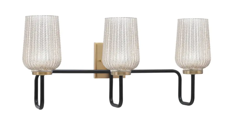 Sandia 3 Light Bath Bar in Matte Black & New Age Brass with Silver Textured Glass - Image 1