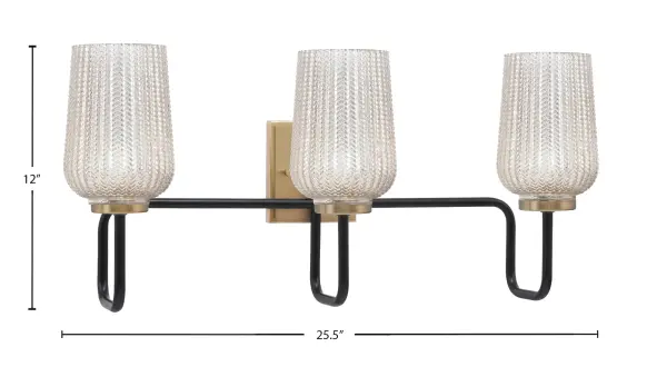 The Sandia 3 Light Bath Bar combines striking Matte Black and New Age Brass finishes with elegant Silver Textured Glass shades. At 25.5" wide, it provides excellent illumination for medium to large vanities while adding a sophisticated, contemporary focal point to bathroom spaces. - alternate view