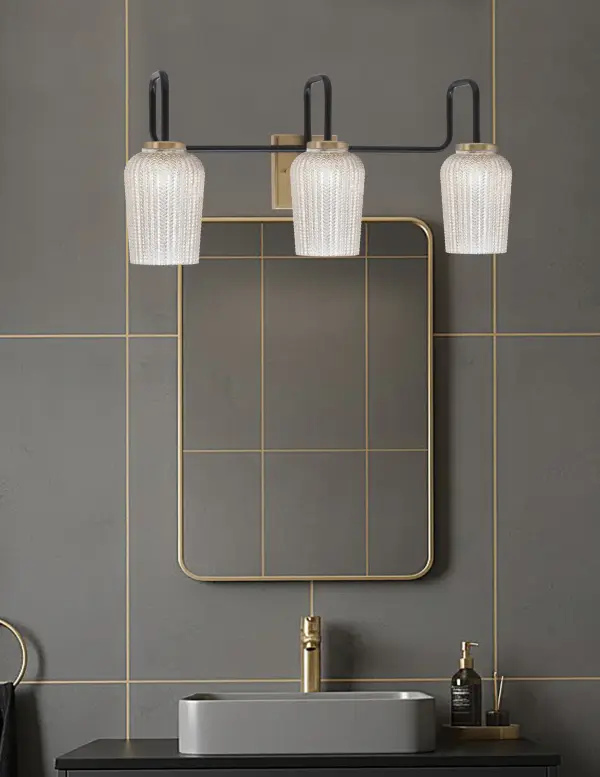 Sandia 3 Light Bath Bar in Matte Black & New Age Brass with Silver Textured Glass - Image 3