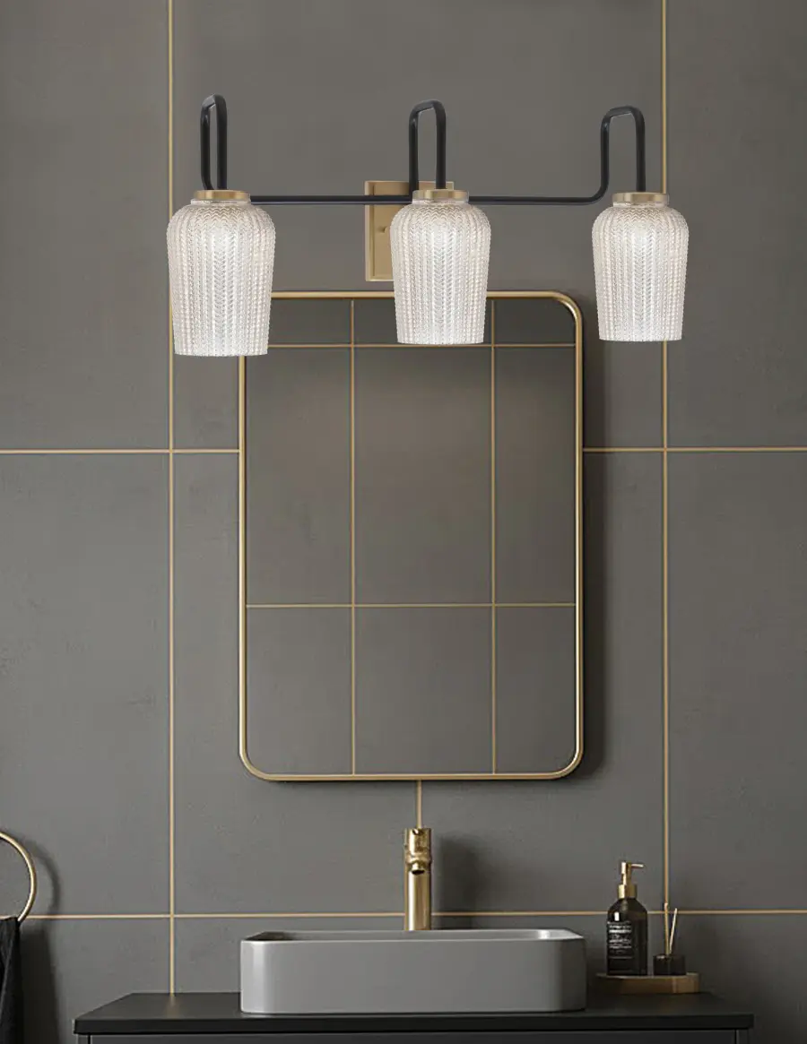 Sandia 3 Light Bath Bar in Matte Black & New Age Brass with Silver Textured Glass - Image 3