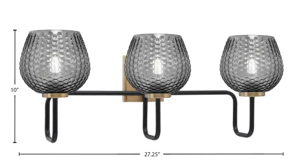 The Sandia 3 Light Bath Bar combines matte black and brass finishes for a striking contemporary look. Smoke textured glass shades create warm, diffused lighting perfect for modern bathrooms. UL listed and dimmable for versatility. - alternate view