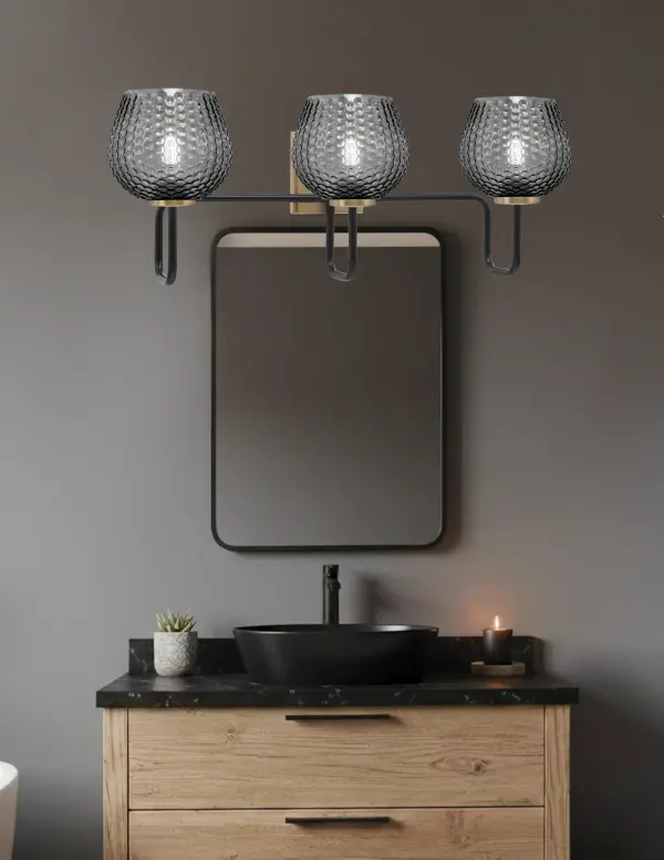 Sandia 3 Light Bath Bar in Matte Black & New Age Brass with Smoke Glass - Image 3