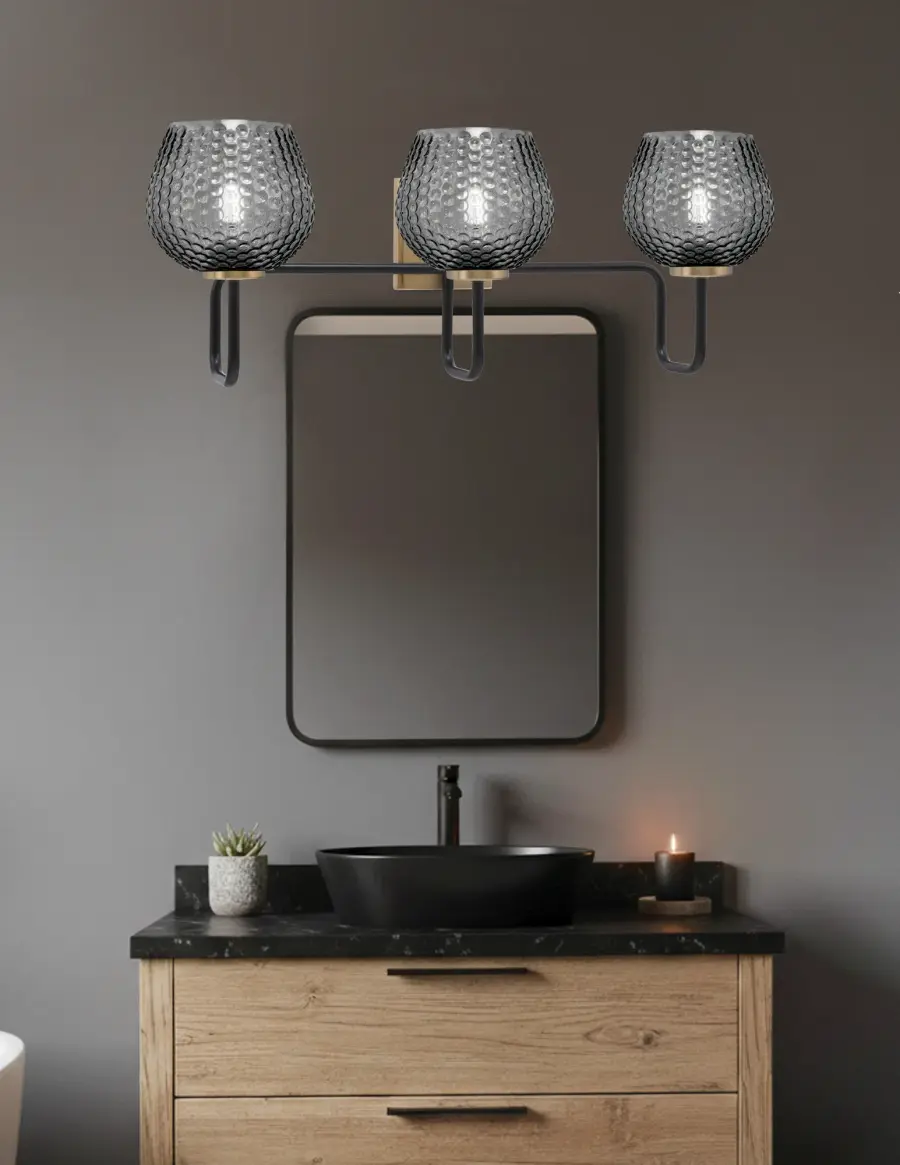 Sandia 3 Light Bath Bar in Matte Black & New Age Brass with Smoke Glass - Image 3