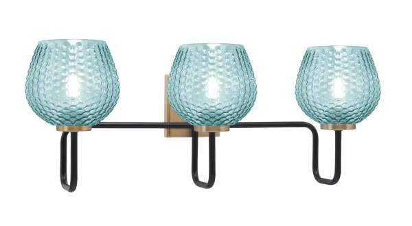 The Sandia 3 Light Bath Bar makes a striking statement with its two-tone Matte Black and New Age Brass finish paired with unique turquoise textured glass shades. Perfect for modern and industrial bathrooms seeking personality and style.