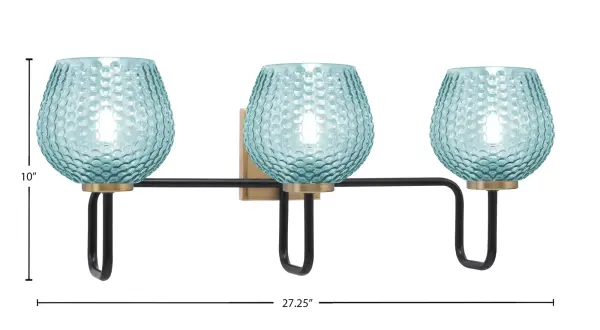 The Sandia 3 Light Bath Bar makes a striking statement with its two-tone Matte Black and New Age Brass finish paired with unique turquoise textured glass shades. Perfect for modern and industrial bathrooms seeking personality and style. - alternate view