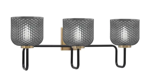 The Sandia 3 Light Bath Bar combines bold Matte Black and New Age Brass finishes with textured smoke glass for sophisticated ambient lighting. Perfect for modern and transitional bathrooms seeking industrial flair.