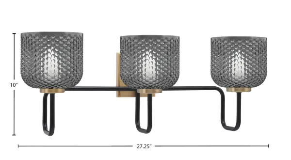 The Sandia 3 Light Bath Bar combines bold Matte Black and New Age Brass finishes with textured smoke glass for sophisticated ambient lighting. Perfect for modern and transitional bathrooms seeking industrial flair. - alternate view